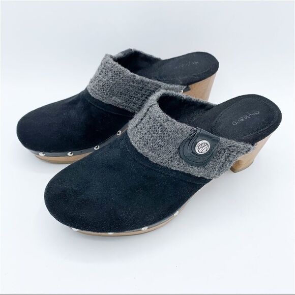 Style & Co Wooden‎ Heeled Black Suede Clog with Knitted Trim and Silver Tag - Picture 4 of 13